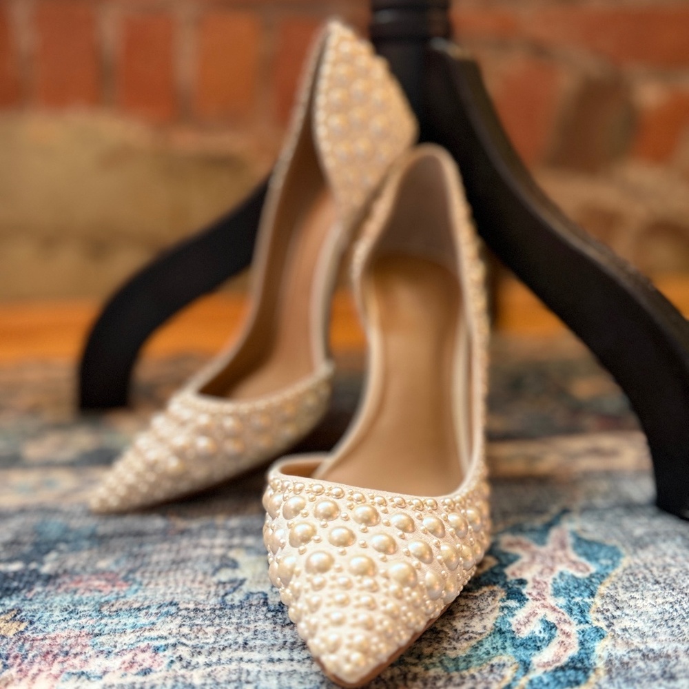 INC WHITE PEARL HEELS .